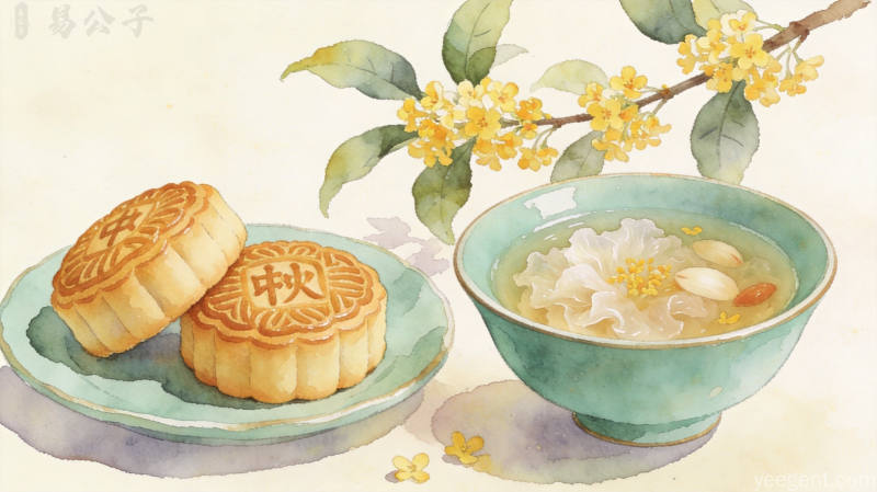 淡雅水彩中秋茶点，月饼配银耳百合羹与桂花枝，宁静雅致