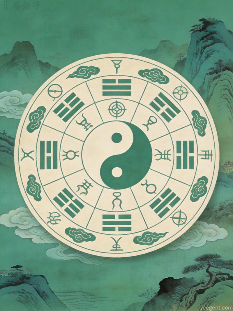 青绿山水间传统罗盘居中，太极卦象纹样环绕，古雅庄重