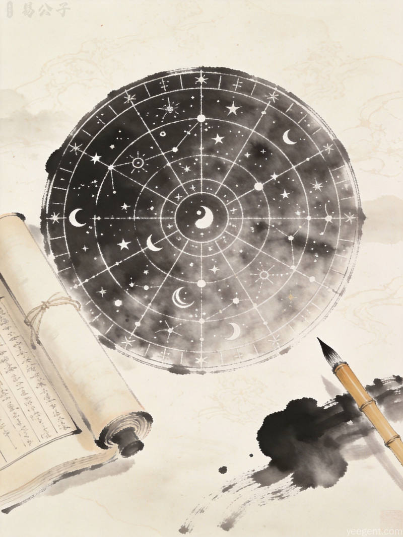 水墨晕染的星象圆盘与古卷毛笔,古典雅致的传统观星意象