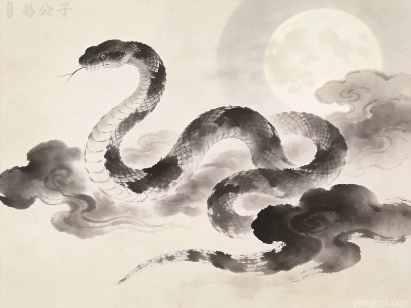水墨晕染的灵蛇盘绕云纹之间,虚实相生,营造神秘静谧的东方意境