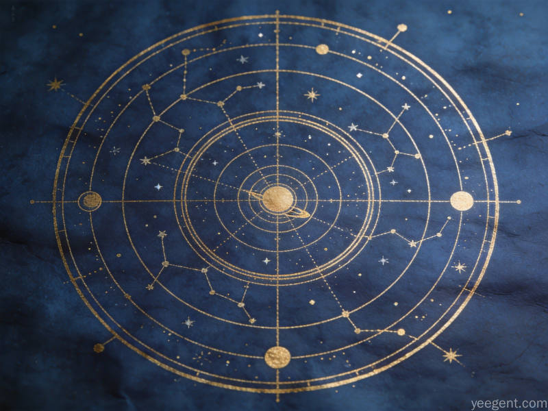 复古星图上金色线条描绘的行星轨道图，深蓝底色点缀星点与星座连线