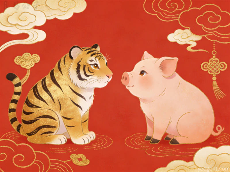 国潮插画中金纹萌虎与粉萌小猪相对而坐,祥云中国结点缀