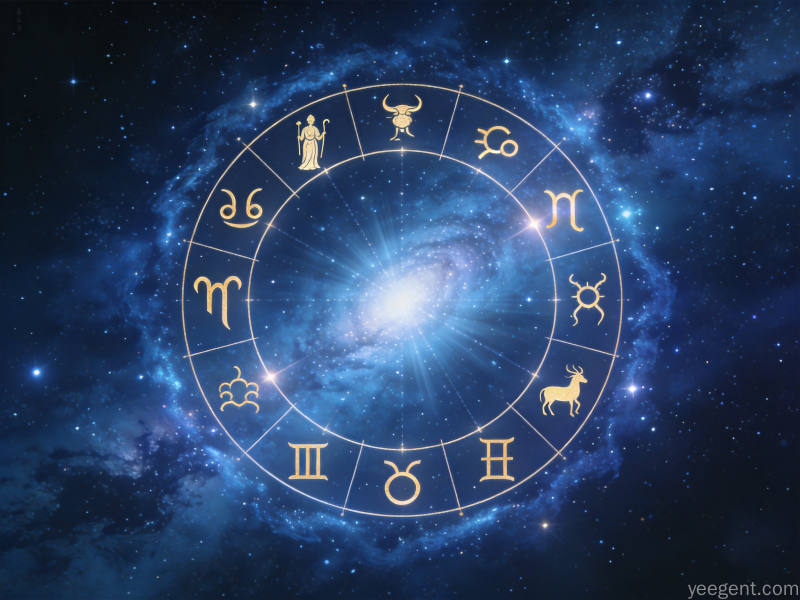 深蓝星空中的金色黄道圆盘，十二天神符号沿轨道排列