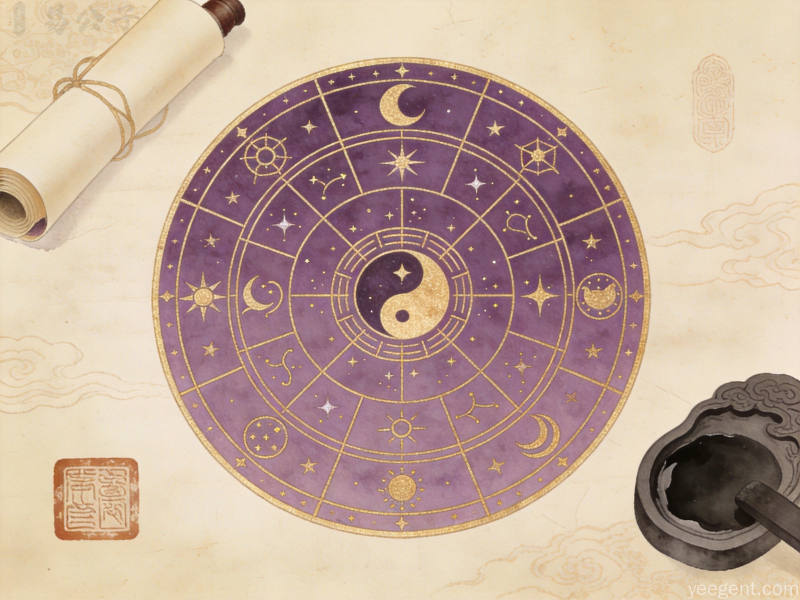 描金工笔的紫微星曜命盘,太极日月与宫位符号交织,古朴华美