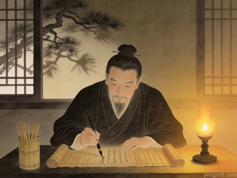 工笔古风文人伏案书写竹简,案头签筒与油灯相伴,书卷气浓郁典雅