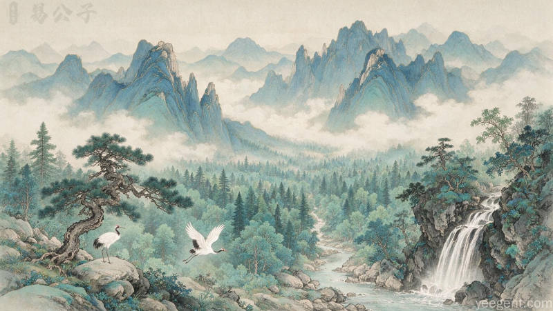 青绿山水间茂密森林云海环绕,象征大林木意象,意境开阔宁静