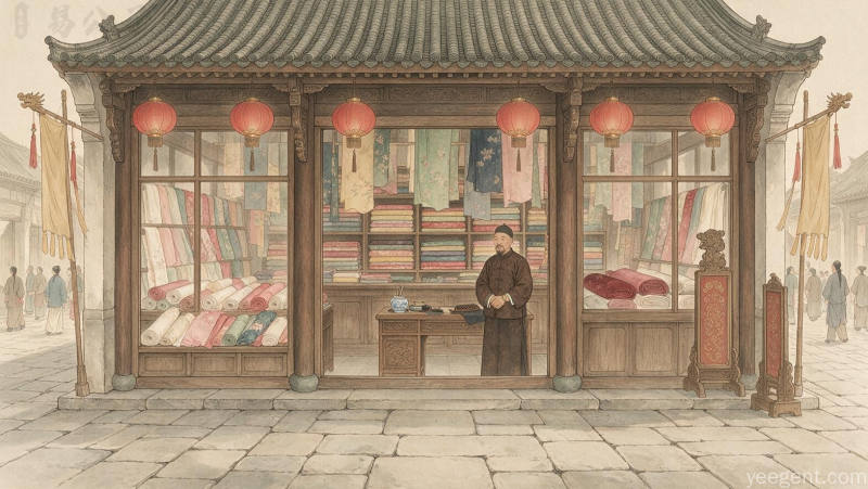 工笔古风老字号绸缎庄门面，高柜台与货架，门前石板路红灯笼，庄重繁华