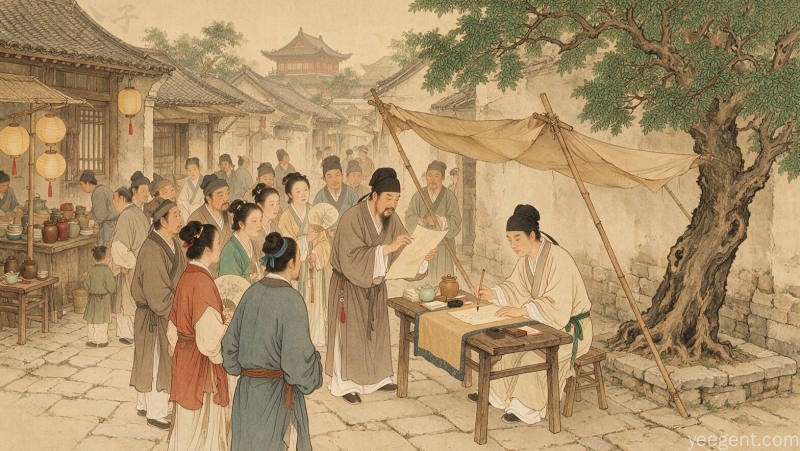 宋代市井拆字摊场景，书生执笔写字先生端详，围观众人灯笼茶摊，工笔暖色