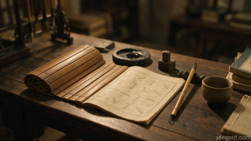 竹简展开与毛笔字帖并置，砚台印章线装书点缀，文房一角雅致静谧