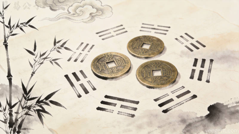 水墨风格三枚古铜钱与六爻卦象符号，辅以竹子祥云，意境悠远古朴典雅