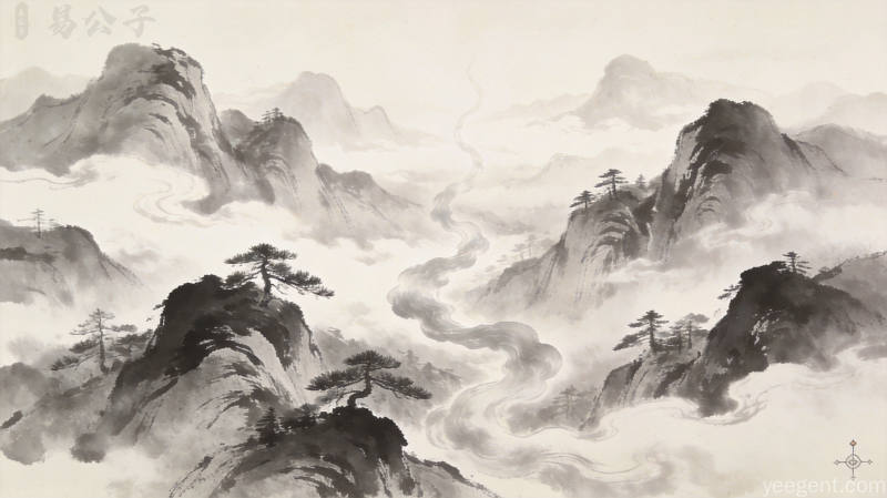 水墨层叠山峦间云气蜿蜒流动，松树点缀，淡墨留白构图意境深远
