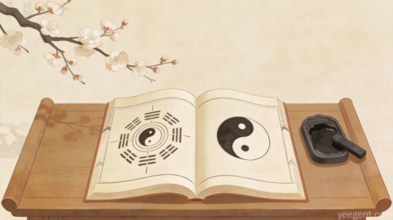 翻开的古代易学典籍展现卦象符号与阴阳图案，辅以梅花砚台，书卷气息浓厚
