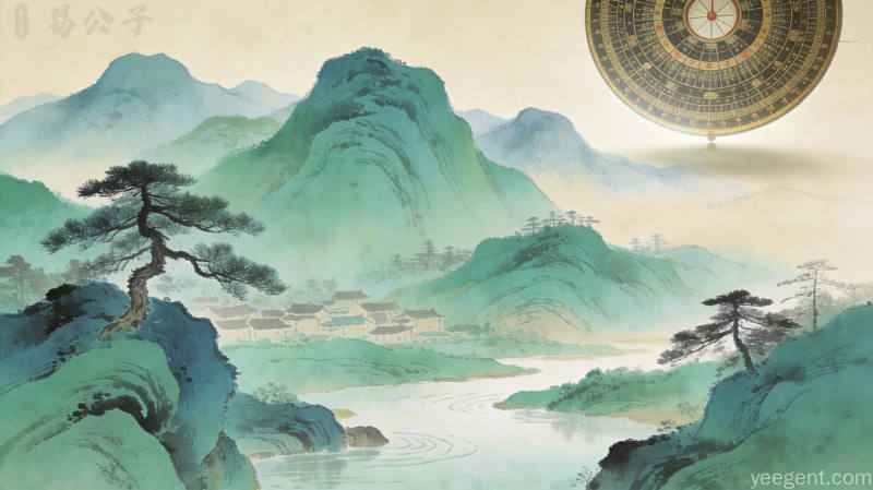 青绿山水远山近水古松村落，罗盘点缀一角，色调青绿米色交融宁静悠远