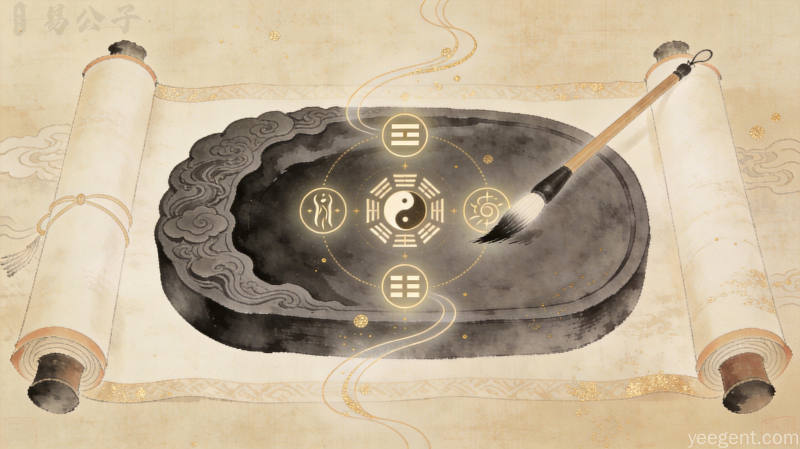 中式卷轴上砚台与太极卦象五行符号,金色点缀绢帛质感,古典韵味温润雅致
