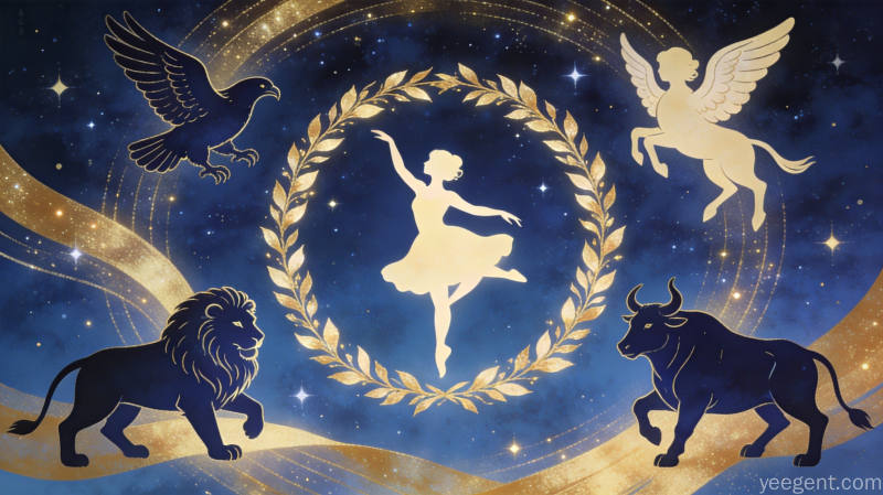 星空月桂花环中起舞的少女剪影,四圣兽环绕象征圆满