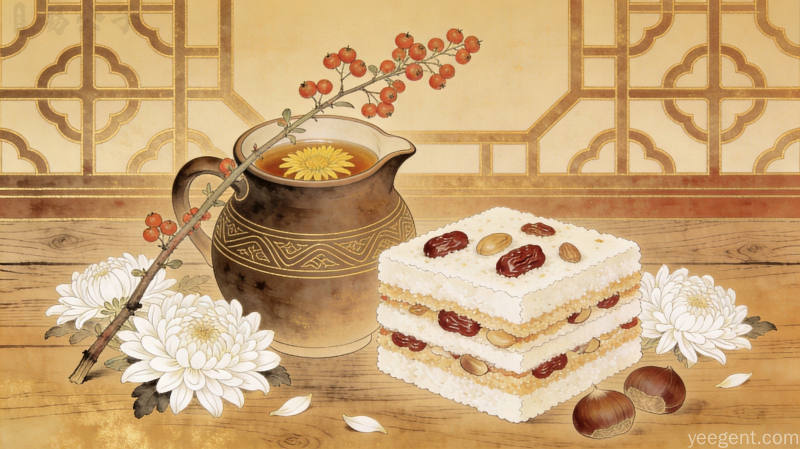 陶壶菊花酒与红枣重阳糕的工笔静物画,暖金配色古朴雅致