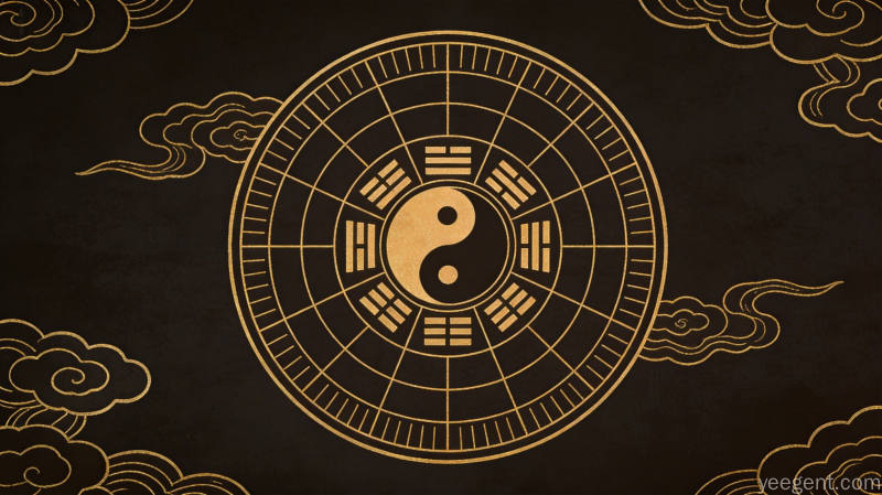 金线勾勒的传统罗盘图案,圆形刻度与中央太极构成