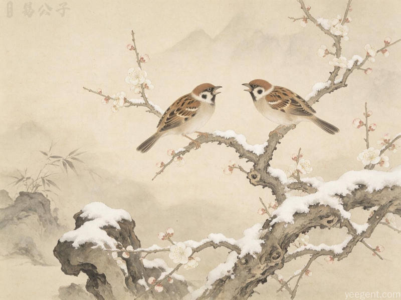 工笔国画梅枝双雀相对鸣叫，还原经典观梅占意象的生动瞬间