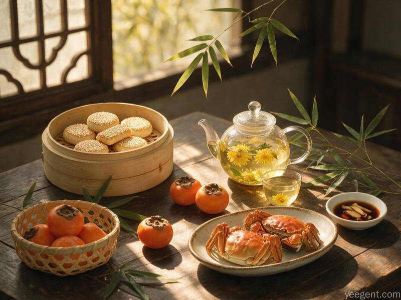 木桌芝麻酥饼菊花茶配螃蟹柿子，呈现寒露时令美食生活气息