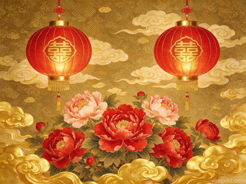 红色双喜灯笼与牡丹祥云辉映，洋溢传统婚嫁喜庆吉祥氛围