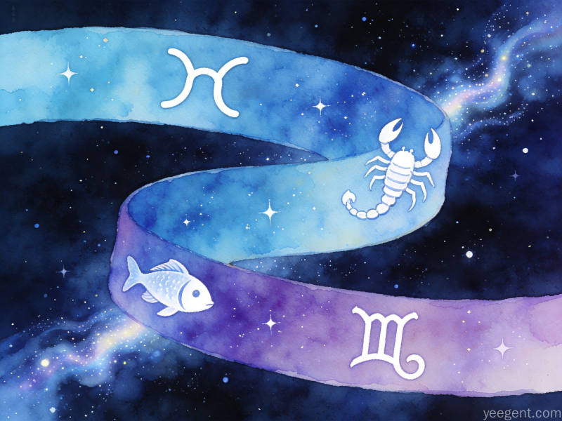 水彩晕染的双鱼与天蝎星座符号交织在蓝紫色光带中,星光点点,氛围悠远宁静