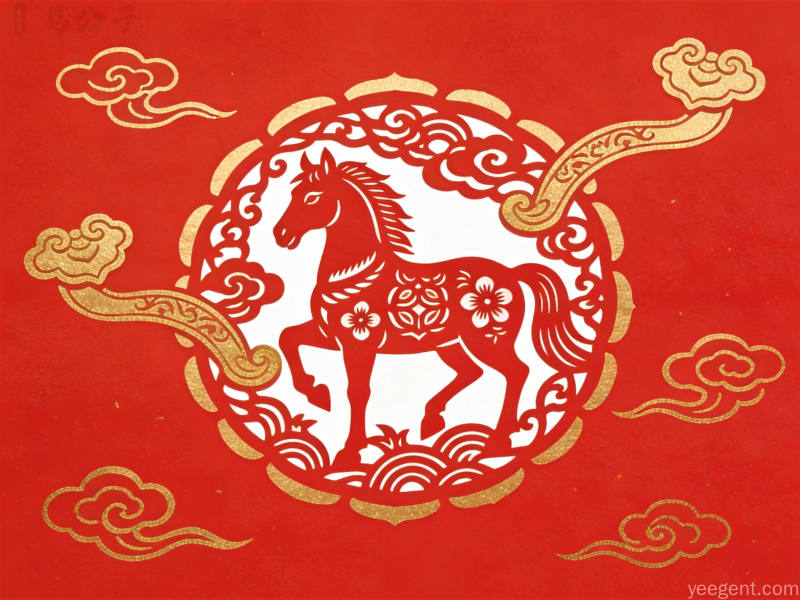 红金剪纸风格的骏马生肖图案，祥云与如意纹环绕四周，喜庆吉祥