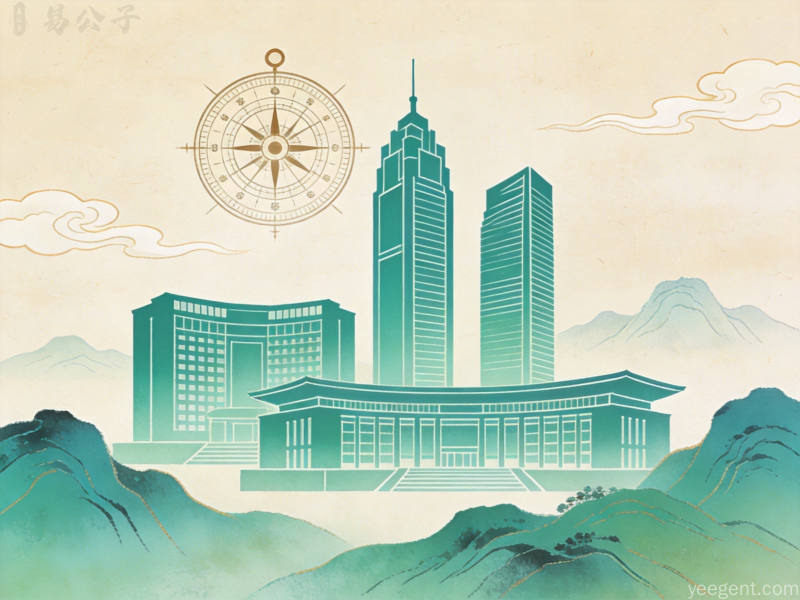 青绿山水风格的现代办公建筑剪影,融入罗盘与远山祥云元素,开阔明亮