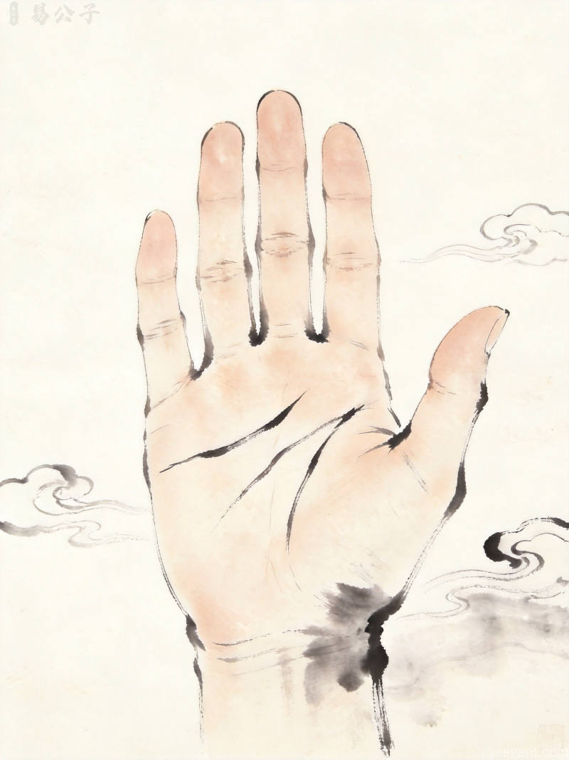 水墨画笔触下的手掌纹路特写,三条主线清晰延伸,宣纸留白意境悠远