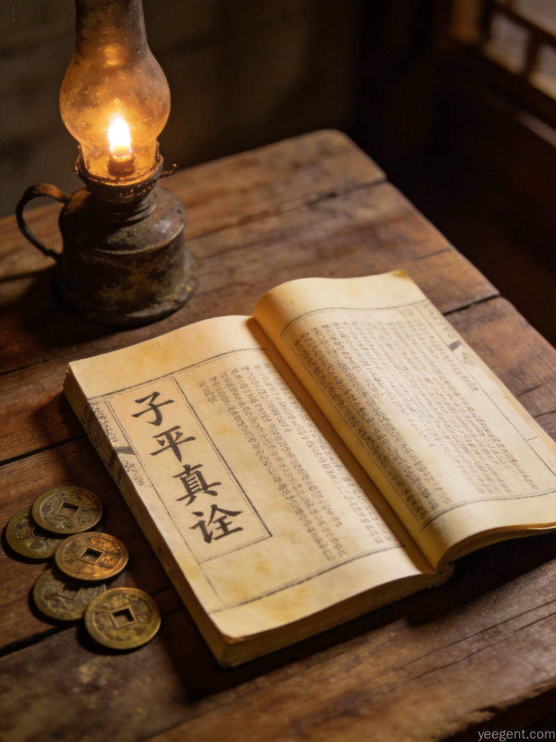 线装古籍摊开置于木桌，旧油灯暖光晕染，静谧书香复古氛围