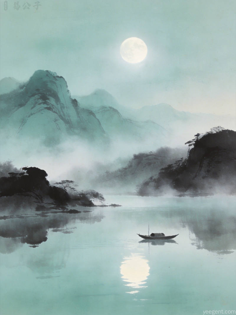 水墨写意山水间明月映湖,一叶孤舟漂浮,雾霭朦胧梦境空灵