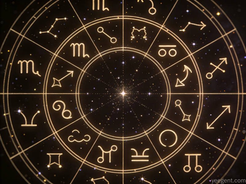 深色星空背景上金色线条勾勒圆形星盘与十二宫符号,精致通透