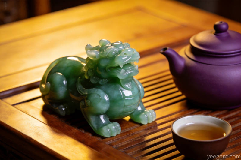 暖光茶台上青玉貔貅摆件莹润圆滑，旁置紫砂茶壶茶杯，木质茶台生活气息浓郁