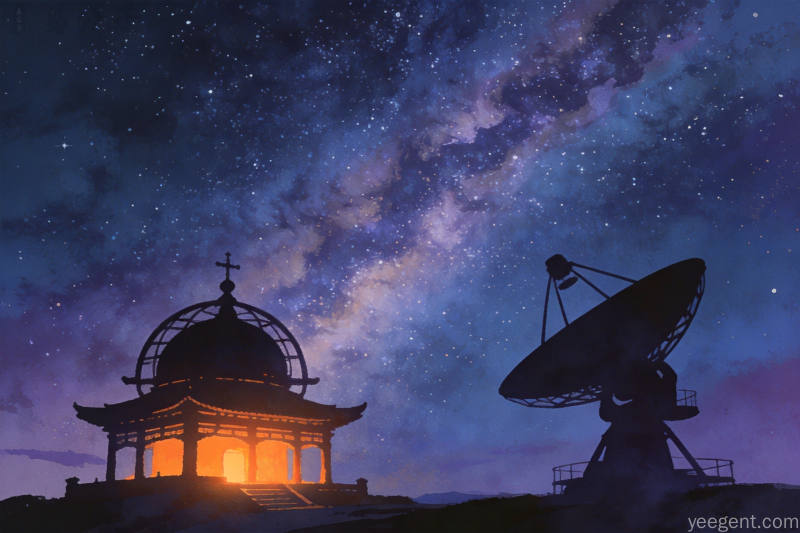 星空下古代观测台与望远镜剪影遥望，银河横贯，暖橙灯光穿越时空的观测意象