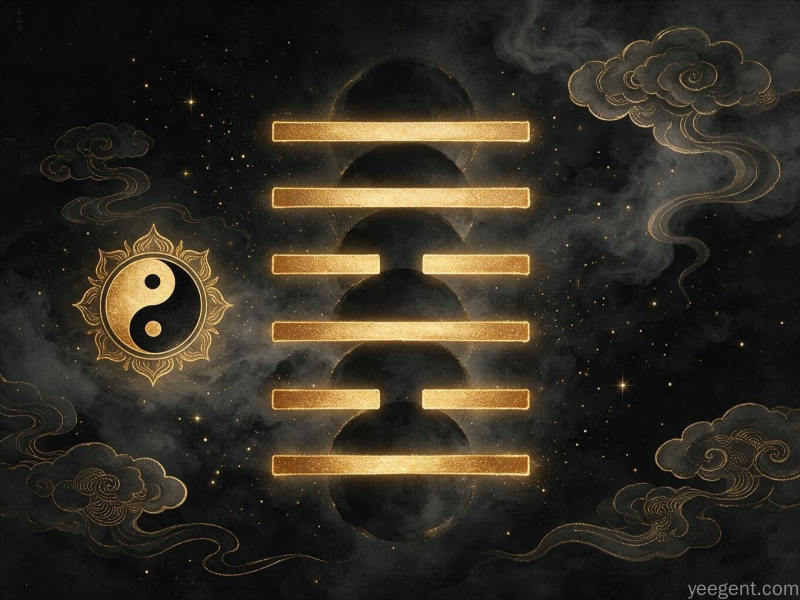 金线卦象爻形悬浮水墨背景，太极祥云环绕，黑金配色庄重神秘