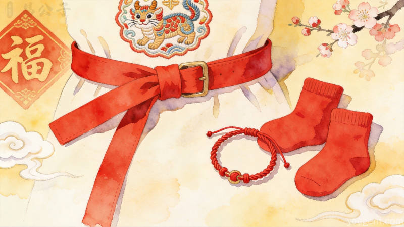 本命年红腰带红袜红手绳水彩插画，醒狮刺绣福字贴，暖黄底色调，喜庆温馨
