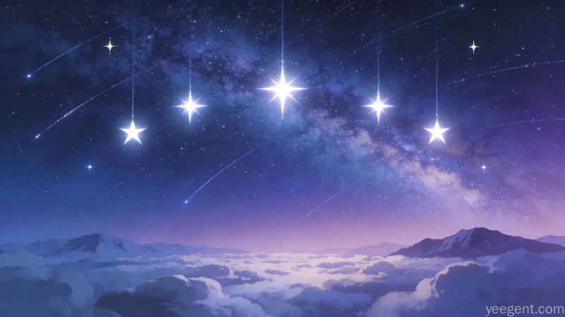 北斗九星夜空星象插画，深蓝紫渐变，银河星轨光带流转，云海远山，静谧浩瀚
