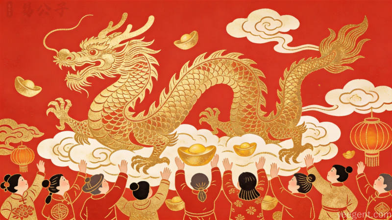 二月二龙抬头舞龙民俗剪纸插画,金龙盘绕祥云,红金配色,百姓簇拥迎祥纳福