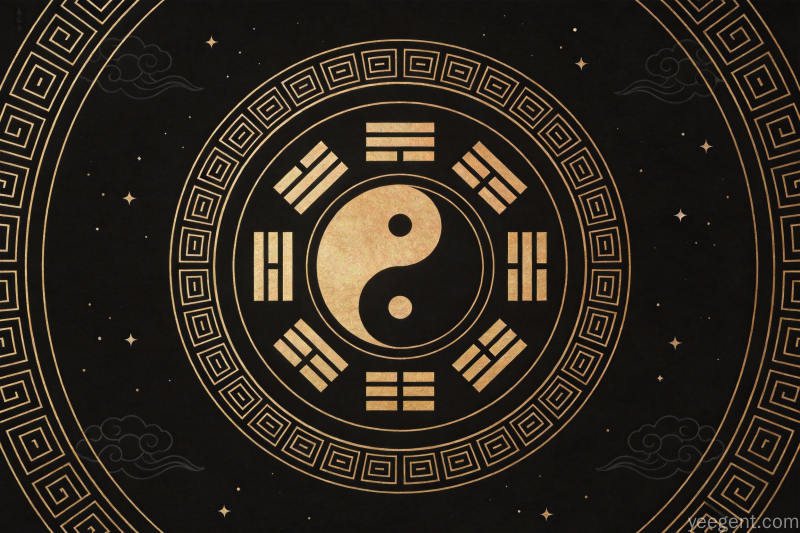 黑金太极纹样与多层同心圆环装饰,庄重典雅,展现传统星象文化