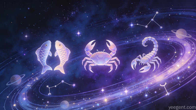 双鱼、巨蟹、天蝎三个星座符号悬浮于深蓝夜空,环绕星轨与紫罗兰光晕交织