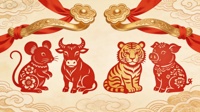 红绸如意下鼠牛虎猪四个生肖剪纸成对排列，传统婚俗喜庆氛围浓郁