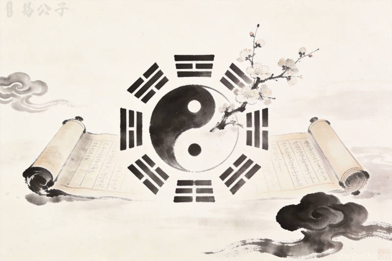 水墨八卦与梅花枝古卷祥云意象,展现宋代易学观梅占的传统卦象推演氛围