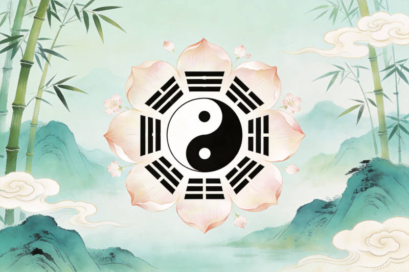 青绿山水间的太极八卦与竹林祥云,营造宁静致远的古典卦象研习意境