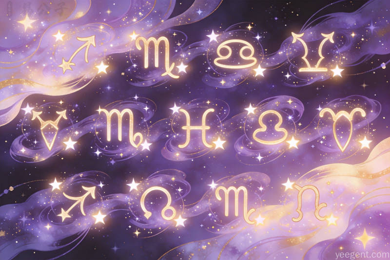 紫金星云中十二星座符号金光闪耀，浪漫梦幻的星空缘分氛围扑面而来