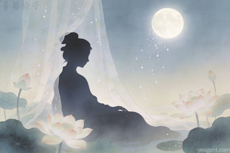 月光洒落荷塘,女子剪影静坐纱帘之间,工笔淡彩绘出宁静梦境意象