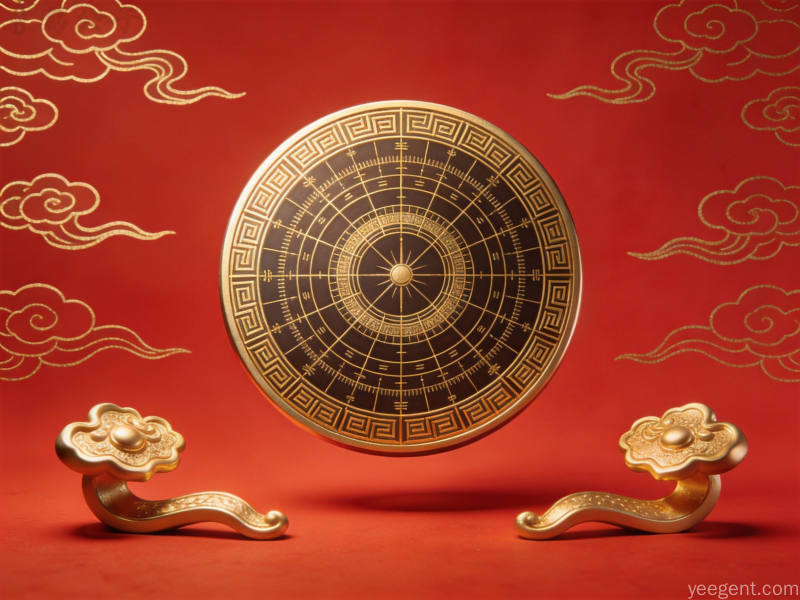 金线勾勒的罗盘装饰图，祥云如意环绕，庄重华丽