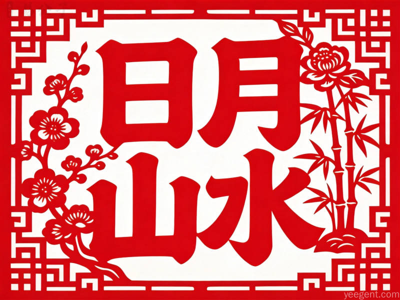 剪纸日月山水汉字，梅兰竹菊回纹边框点缀，喜庆吉祥