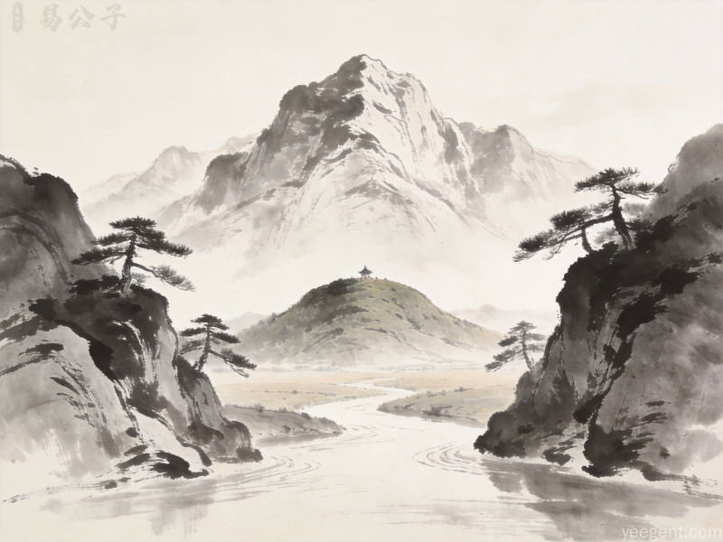 水墨背山面水格局图，主峰松柏河流留白，宁静庄重