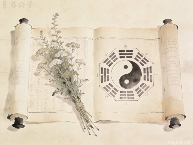 古书卷轴与蓍草卦爻符号，呈现大衍筮法古朴典雅的仪式感