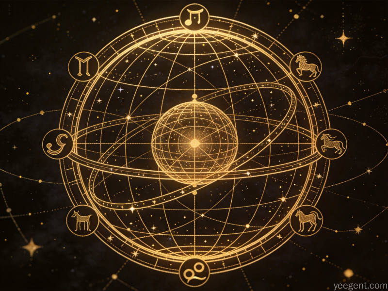 金色线条天球仪与黄道星座环绕,神秘深邃的天文图鉴质感