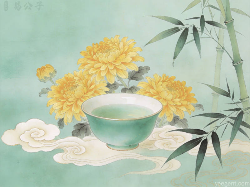 工笔菊花与青瓷茶盏相依，祥云竹影环绕，清雅宜人的秋日意境
